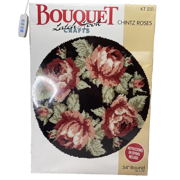 Vintage Bouquet Latch Hook Rug Kit Chintz Roses 34 Round KT 231 Black Pink New - Picture 1 of 5